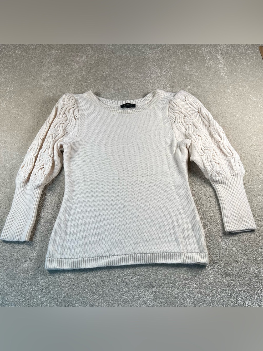 Ann Taylor Sweater Knit Cable Sleeves Crew Cream Wool Blend Women's Small